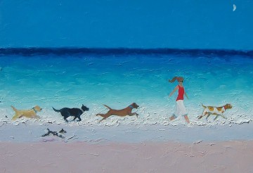 girl and dogs running on beach Oil Paintings